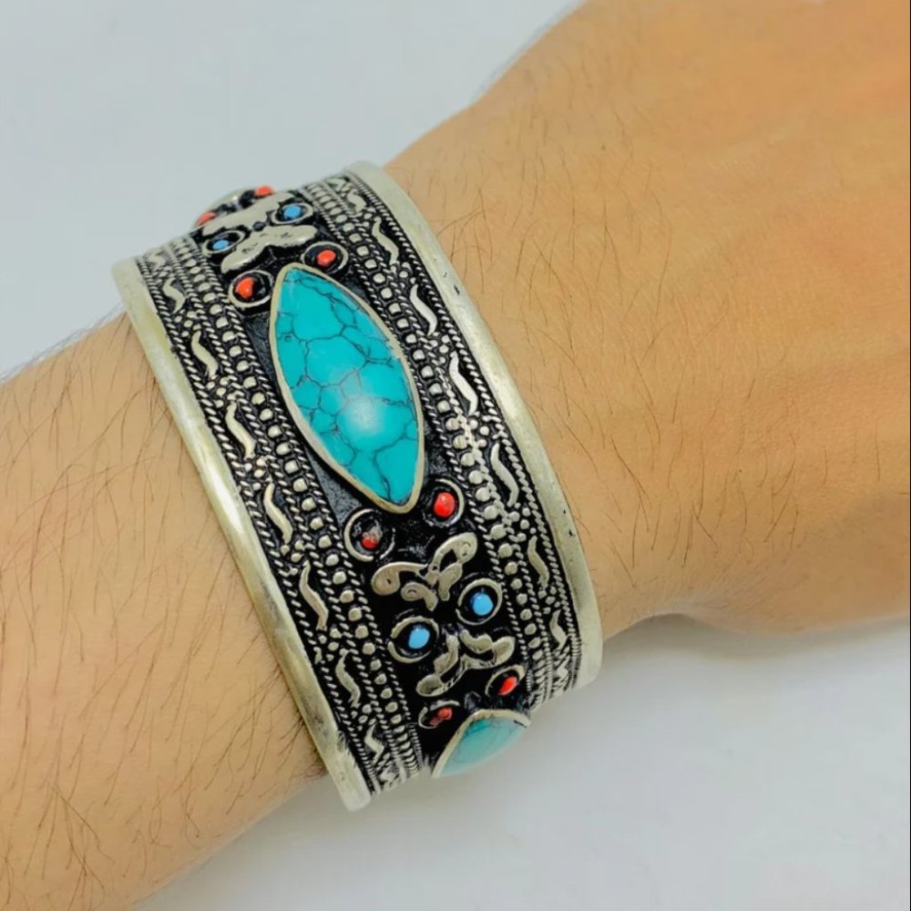 Single Kuchi Tribal Cuff Bracelet: Red Stone Boho Jewelry